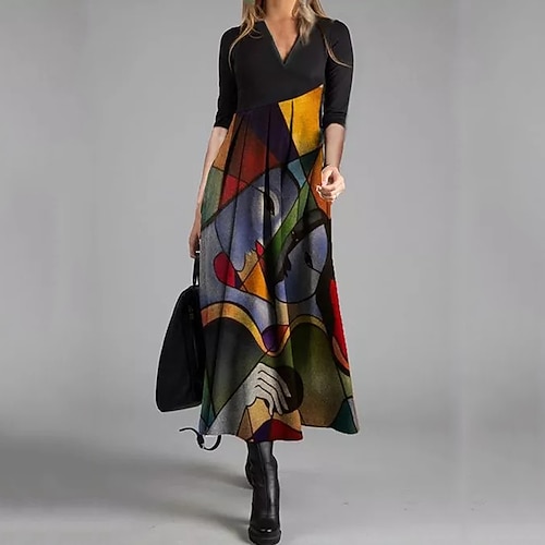 

Women's Casual Dress Work Dress Long Dress Maxi Dress Black Long Sleeve Geometric Patchwork Winter Fall Spring V Neck Modern Winter Dress Office Daily 2022 S M L XL XXL