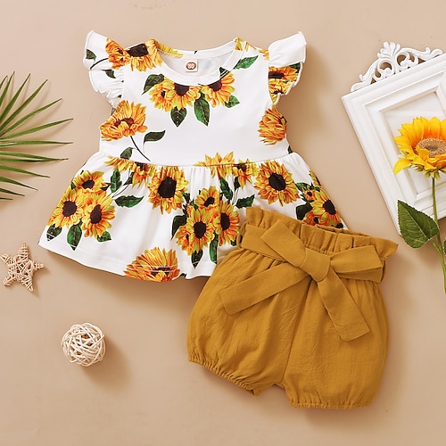 

Toddler Girls' Clothing Set Outfit Graphic Sleeveless Ruched Cotton Set Vacation Basic 1-3 Years Pink Yellow Red