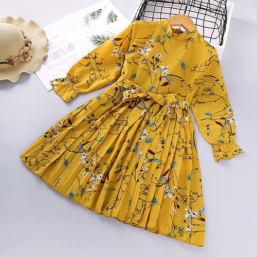

Kids Girls' Dress Floral Dress Print Long Sleeve Dress Yellow