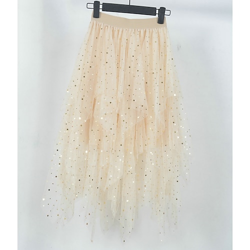 

Women's Skirt Tutu Asymmetrical Organza Black Pink Beige Skirts Spring & Summer Sequins Layered Tulle Lined Streetwear Sophisticated Date Weekend One-Size