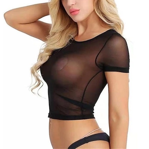 Damen T-Shirt Glatt Durchsichtig Rundhalsausschnitt Sexy Oberteile Schwarz Weiß