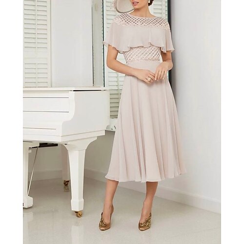 

A-Line Mother of the Bride Dress Elegant Jewel Neck Tea Length Chiffon Short Sleeve with Pleats Ruffles 2022