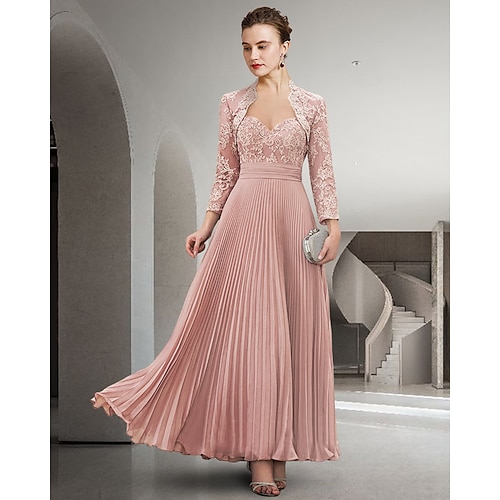 

Two Piece A-Line Mother of the Bride Dress Elegant Sweetheart Neckline Floor Length Chiffon Lace Long Sleeve Wrap Included with Pleats Appliques 2022