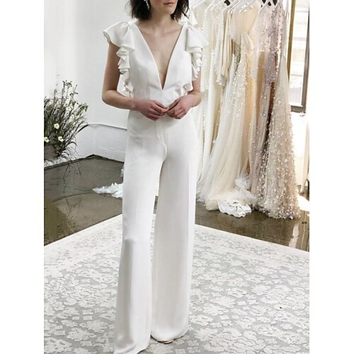 

Jumpsuits Wedding Dresses Plunging Neck Floor Length Stretch Fabric Cap Sleeve Simple with Ruffles 2022