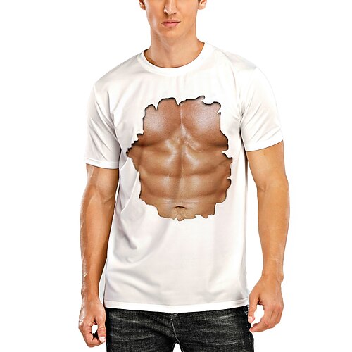 Herre T-shirt 3D-udskrivning Grafisk 3D Muskel Rund hals Daglig Trykt mønster Kortærmet Toppe Muskel Hvid