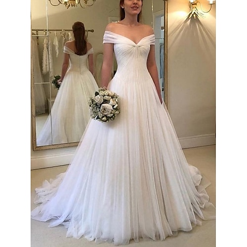 

A-Line Wedding Dresses Off Shoulder Court Train Tulle Short Sleeve Country Simple with Pleats Ruched 2022