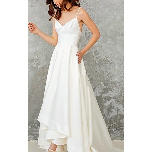 

A-Line Wedding Dresses V Neck Spaghetti Strap Sweep / Brush Train Satin Stretch Fabric Sleeveless Simple Vintage Sexy 1950s with Pleats 2022