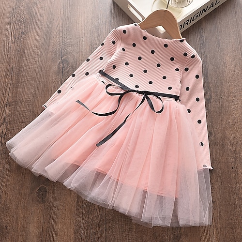 

Kids Little Girls' Dress Polka Dot Blushing Pink Cotton Above Knee Long Sleeve Basic Dresses Regular Fit