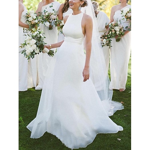 

A-Line Wedding Dresses Jewel Neck Court Train Stretch Fabric Sleeveless Country Simple Beach with 2022