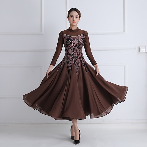 

Ballroom Dance Dress Printing Crystals / Rhinestones Women's Training Performance 3/4 Length Sleeve Mesh Pleuche Imitation Silk