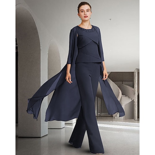 

Todelt Pantsuit Kjole til brudens mor Elegant Høj halset Gulvlang Chiffon 3/4-ærmer med Perlearbejde Draperet 2023