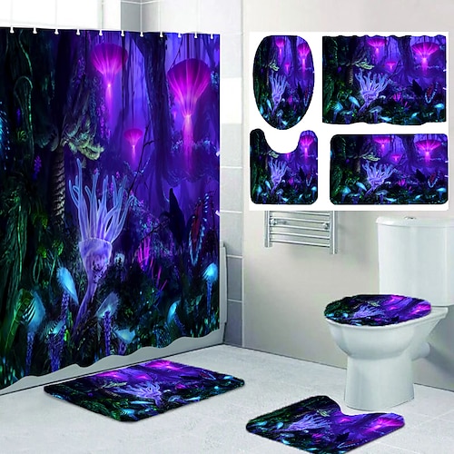

4PCS Shower Curtain Set with Rug Marble Toilet Lid Cover Sets with Non-Slip Rug Bath Mat for Bathroom,Fantastic and Scary Forest Digital,Polyester,Waterproof