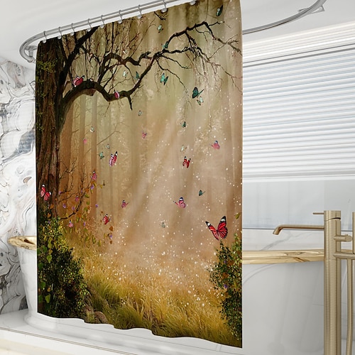 

Shower Curtains with Hooks Rustic Tree Butterfly Fog Scenery Polyester Novelty Fabric Waterproof Shower Curtain for Bathroom 72 Inch