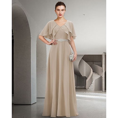 

Sheath / Column Mother of the Bride Dress Elegant Jewel Neck Floor Length Chiffon Short Sleeve with Pleats Ruffles Crystal Brooch 2022