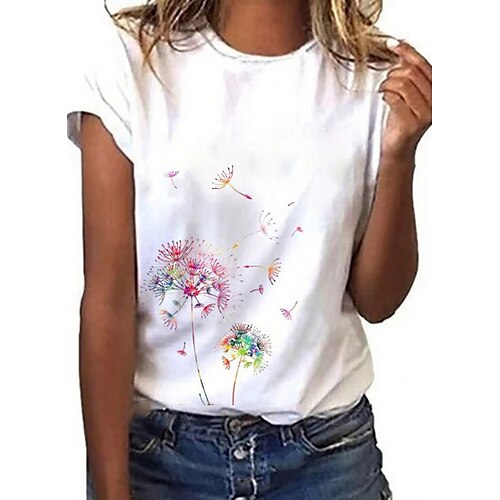 

Women's T shirt Tee White Graphic Dandelion Print Short Sleeve Going out Weekend Basic Round Neck Regular Floral Dandelion Painting S / 3D Print