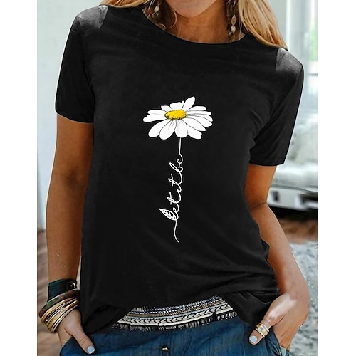 

Women's T shirt Tee 100% Cotton Black White Yellow Graphic Daisy Print Short Sleeve Daily Going out Basic Round Neck Regular 100% Cotton Floral S