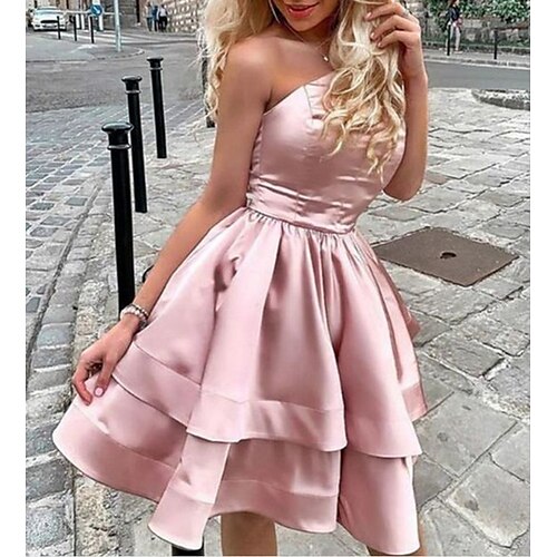 

A-Line Minimalist Sexy Homecoming Cocktail Party Dress One Shoulder Sleeveless Short / Mini Satin with Tier 2022