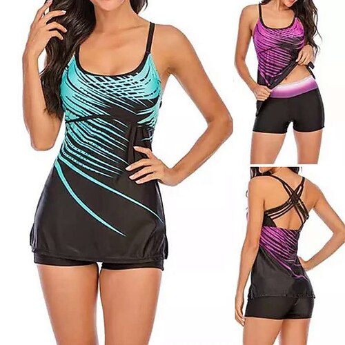 

Women's Tankini Two Piece Swimsuit Strappy Back Bathing Suit Stripes Swimwear Blue Pink Breathable Quick Dry Comfortable Sleeveless - Swimming Surfing Beach Summer Plus Size