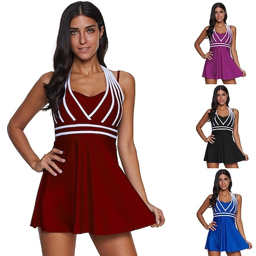 

Women's Tankini Two Piece Swimsuit Halter Bathing Suit Stripes Swimwear Blue Black Breathable Quick Dry Comfortable Sleeveless - Swimming Surfing Beach Summer Plus Size