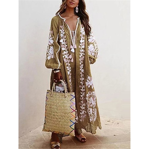 

Women's Casual Dress Swing Dress Long Dress Maxi Dress Green Blue Khaki Long Sleeve Print Fall V Neck Winter Dress Fall Dress S M L XL XXL 3XL