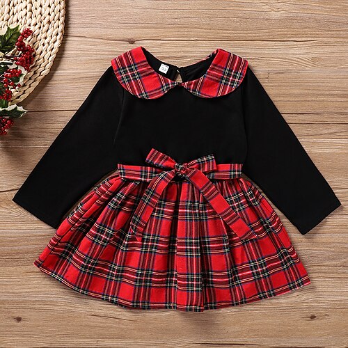 

Kids Girls' Dress Plaid Dress Print Long Sleeve Dress 2-6 Years Summer Black