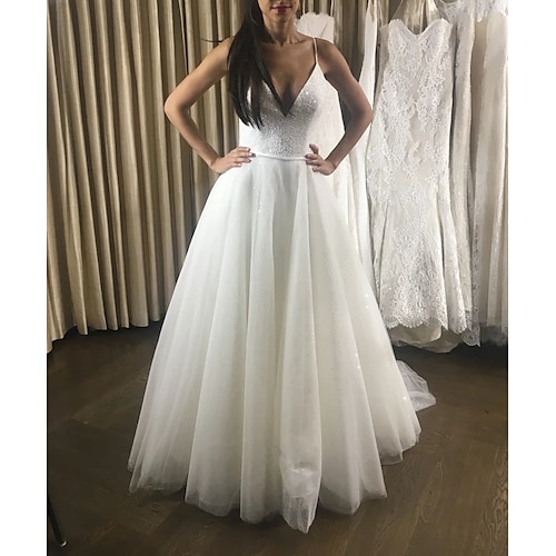 

A-Line Wedding Dresses V Neck Spaghetti Strap Court Train Lace Tulle Sleeveless Romantic Beach Sparkle & Shine with Bow(s) Pleats Sequin 2022