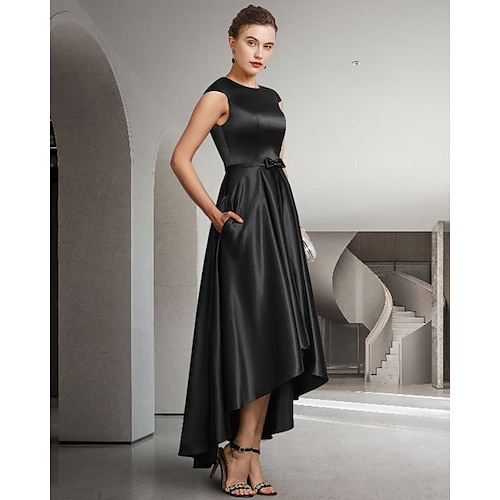 

A-Line Mother of the Bride Dress Elegant Jewel Neck Asymmetrical Satin Sleeveless with Bow(s) Pleats 2022