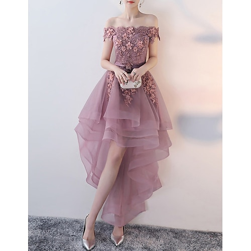 

A-Line Prom Dresses Floral Dress Wedding Guest Asymmetrical Short Sleeve Off Shoulder Tulle with Appliques 2022 / High Low