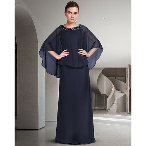 

Two Piece Sheath / Column Mother of the Bride Dress Elegant Jewel Neck Floor Length Chiffon Long Sleeve with Ruffles 2022