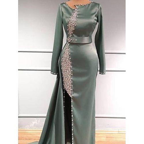 

Sheath / Column Glittering Elegant Engagement Formal Evening Dress Jewel Neck Long Sleeve Sweep / Brush Train Charmeuse with Beading Sequin 2022