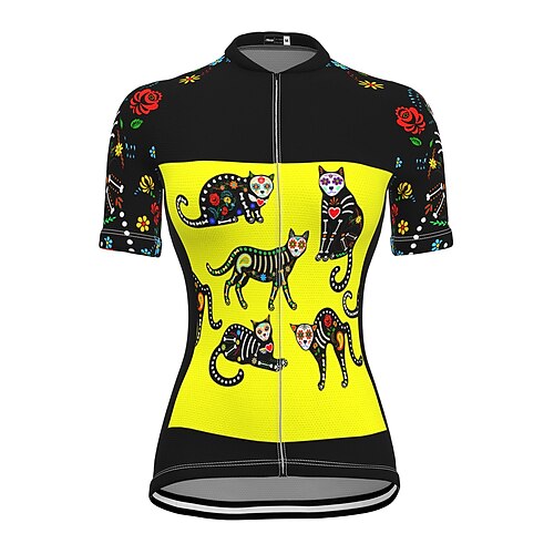 

21Grams Women's Cycling Jersey Short Sleeve Bike Jersey Top with 3 Rear Pockets Mountain Bike MTB Road Bike Cycling Fast Dry Breathable Quick Dry Moisture Wicking Yellow Graphic Cat Polyester Spandex