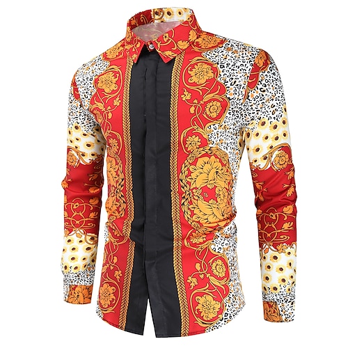 

Men's Shirt Leopard Chains Print Classic Collar Party Casual Print Long Sleeve Tops Ethnic Style Casual Red