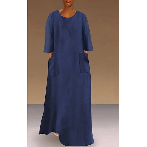 

Women's Shift Dress Long Dress Maxi Dress Navy Blue Light Blue 3/4 Length Sleeve Pure Color Pocket Winter Fall Autumn Crew Neck Loose Fit 2022 S M L XL XXL 3XL