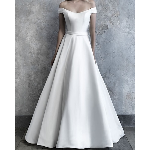 

A-Line Wedding Dresses Off Shoulder Sweep / Brush Train Satin Sleeveless Simple with 2022