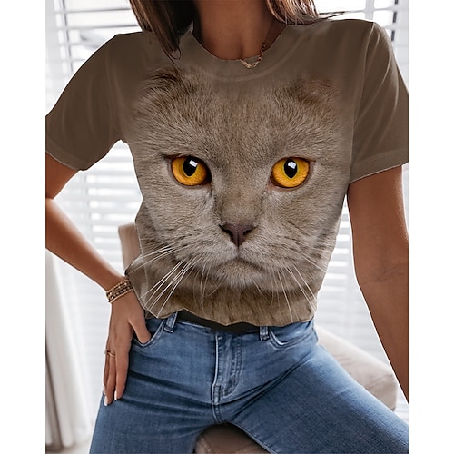 

Women's T shirt Tee Blue Khaki Graphic Cat Print Short Sleeve Going out Weekend Basic Round Neck Regular 3D Cat S