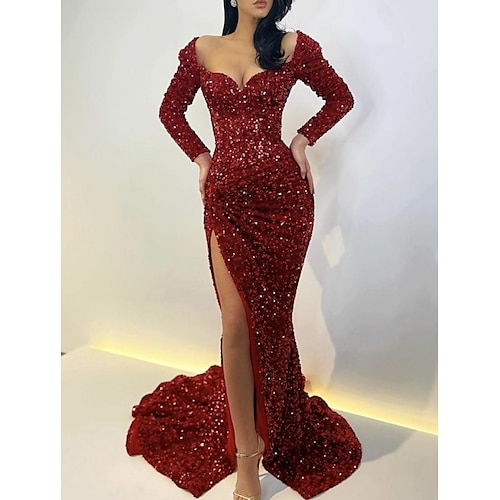 

Mermaid / Trumpet Sparkle Sexy Wedding Guest Formal Evening Dress Scoop Neck Long Sleeve Sweep / Brush Train Sequined with Sequin Slit 2022