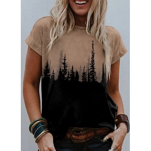 

Women's T shirt Tee Blue Khaki Gray Graphic Scenery Print Short Sleeve Daily Weekend Basic Round Neck Regular Painting S / 3D Print