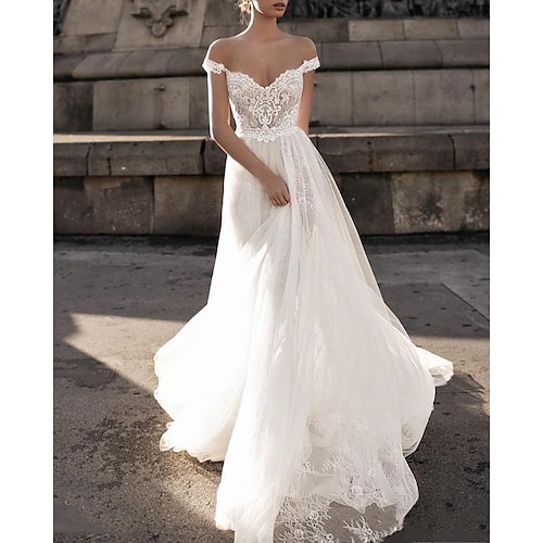 

Mermaid / Trumpet Wedding Dresses V Neck Court Train Lace Tulle Sleeveless Romantic Sexy with Pleats Appliques 2022