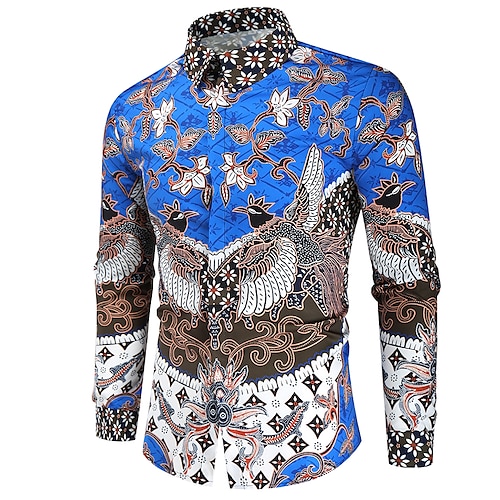 

Hombre Camisa Camisa gráfica Geométrico Pájaro Cuello Inglés Azul Piscina Fiesta Casual Manga Larga Estampado Ropa Design Estilo Étnico Casual