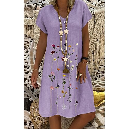 

Women's Casual Dress Shift Dress Midi Dress Purple Light Green Khaki Short Sleeve Floral Print Spring Summer V Neck Boom Sale Dress S M L XL XXL 3XL 4XL 5XL