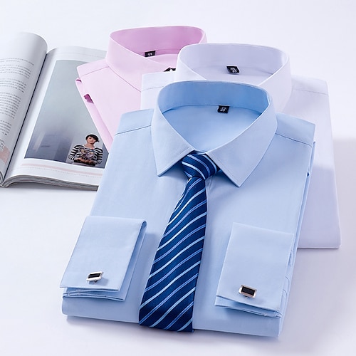 Homme Chemise Chemise boutonnée Chemise à col Chemises à manchettes françaises Blanche Rose Claire Bleu manche longue Plein Col rabattu Printemps, Août, Hiver, Eté Mariage Soirée Vêtement Tenue