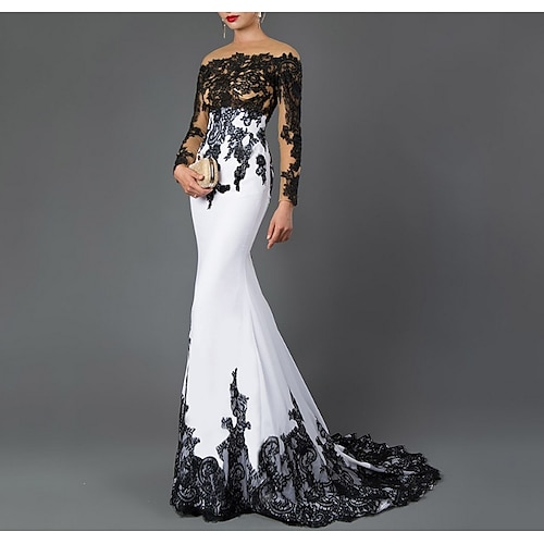 

Mermaid / Trumpet Color Block Formal Evening Dress Off Shoulder Long Sleeve Sweep / Brush Train Polyester with Lace Insert 2022