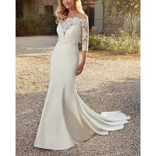 

Two Piece Mermaid / Trumpet Wedding Dresses V Neck Sweep / Brush Train Lace Italy Satin Sleeveless Country Simple with 2022