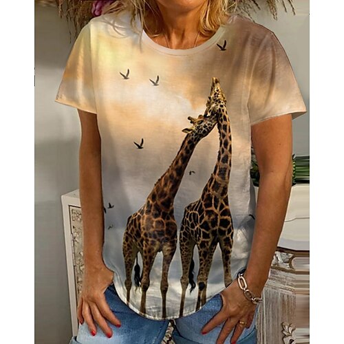 

Women's T shirt Tee Yellow Graphic Giraffe Print Short Sleeve Daily Weekend Basic Round Neck Regular 3D Printed Painting S