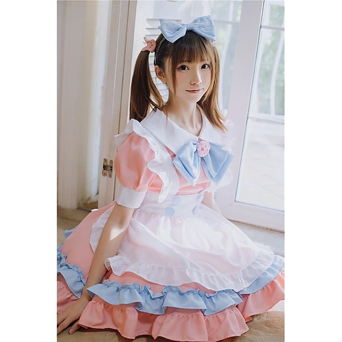 

Lolita School Lolita Cute Dress Maid Suits Women's Japanese Cosplay Costumes Pink Solid Color Puff Sleeve Short Sleeve Above Knee / Apron