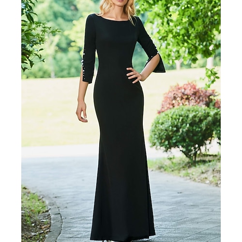 

Sheath / Column Mother of the Bride Dress Elegant Jewel Neck Floor Length Stretch Fabric Half Sleeve with Beading 2022