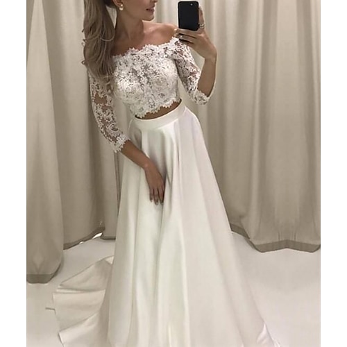 

Two Piece A-Line Wedding Dresses Off Shoulder Court Train Lace Satin 3/4 Length Sleeve Romantic Beach with Pleats Appliques 2022