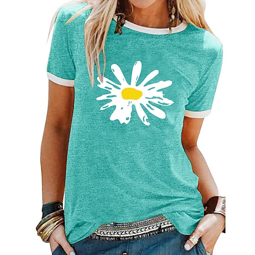 

Women's T shirt Tee Black Yellow Blue Floral Daisy Print Short Sleeve Casual Daily Basic Round Neck Floral Daisy S