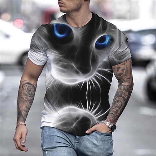 Men's Shirt T shirt Tee Tee Graphic Animal Cat Round Neck Gray 3D Print Plus Size Street Casual Daily Short Sleeve Print Clothing Apparel Party Designer Country Casual