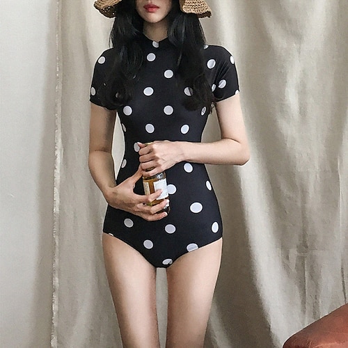 

Women's One Piece Swimsuit Breathable Quick Dry Short Sleeve Bodysuit Bathing Suit Swimming Surfing Beach Water Sports Dot Summer